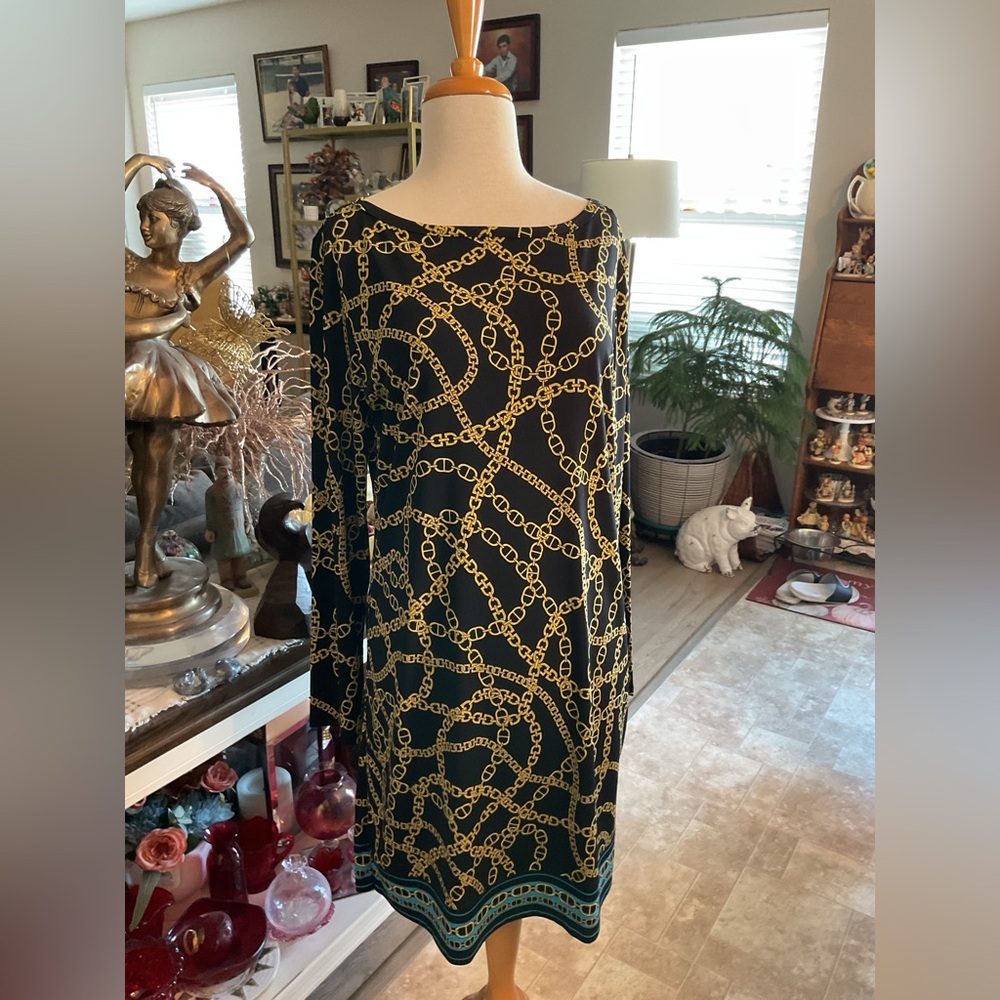79 # Michael Kors Long Sleeve Knee Length Chain Black/Gold Dress Turq Border XL
